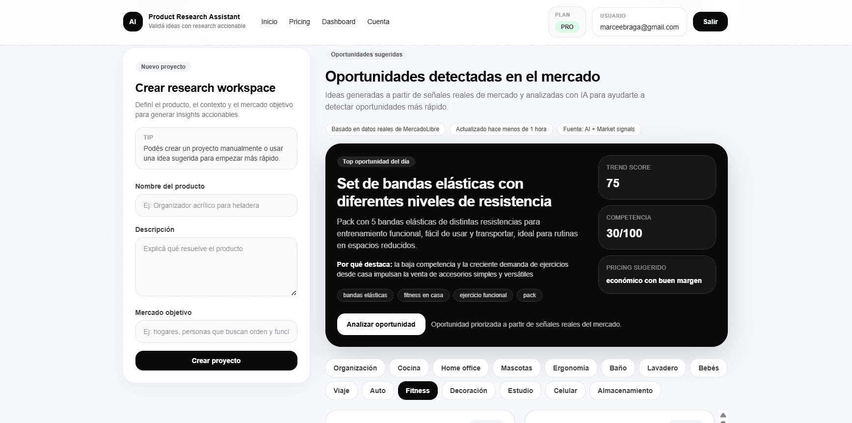 AI Product Research Assistant - dashboard