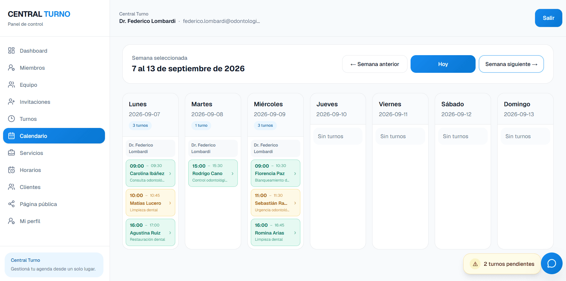 Central Turno - dashboard